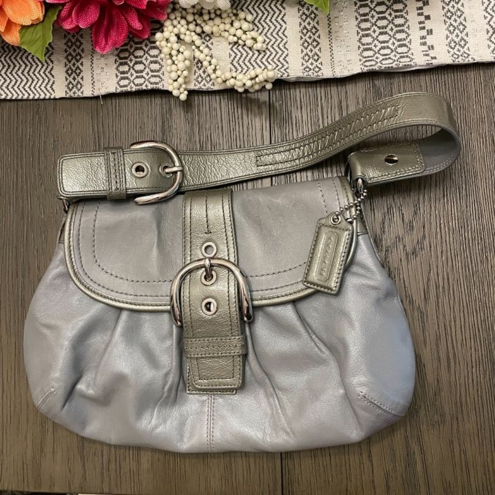 **SOLD** Coach Shoulder Bag Platinum Leather Strap with Fold Over Buckle Magne